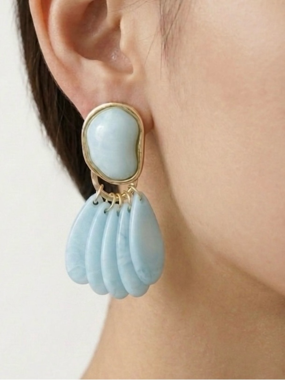 Zara Style Blue Resin Statement Dangle Earrings - Boho Gold Tone Tiered Drop